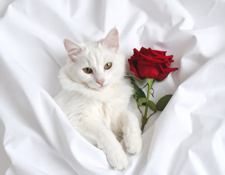 White cat holding a red rose on white fabricの素材