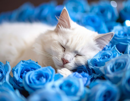 White cat sleeping peacefully on blue rosesの素材