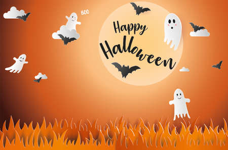 Ghosts and dead bats flying on Halloween. Moonlight illustration.のイラスト素材