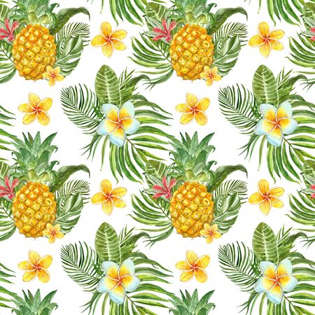 Watercolor tropical seamless pattern with hand painted ripe fresh pineapple, frangipani flowers, palm leaves and exotic greenery on white background. Trendy colorful summer hawaiian print for textile, packaging design, cards.の写真素材