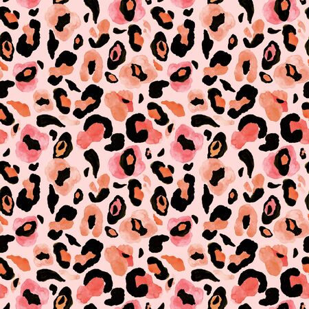 Leopard or cheetah skin seamless pattern with pink, black, beige and orange spots of watercolor paint. Hand painted repeat background. Exotic animal print.の写真素材