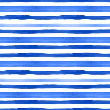Trendy Blue and turquoise watercolor stripe pattern. Seamless bright hand painted background with stripes. Nautical marine style for design with summer vibes for textile, design, wallpapers.の写真素材