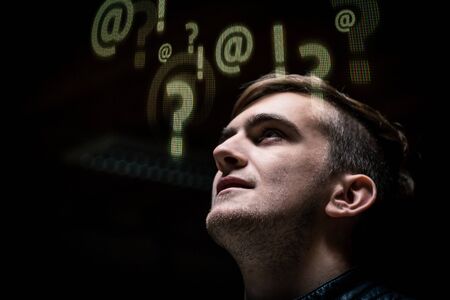 portrait of teenager with black background. Illustration of person thinking about technology....