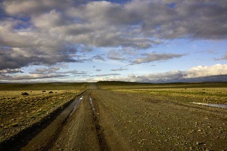 Dirt road in Argentinan Patagonia. Vanishing point.の写真素材