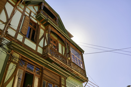 Cerro concepcion timber house in Valparaiso, Chile. Low angle shot. Dutch Angle.のeditorial素材