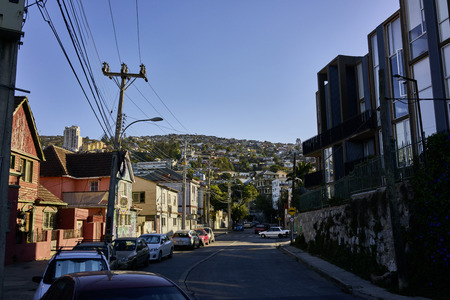 Valparaiso street scene from the famous Cerro Concepcion hill and neighborhood. Wide shot. Diminishing perspective.のeditorial素材