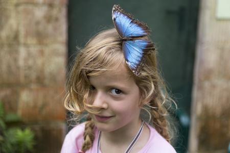 Portrait of a happy girl with a blue butterfly in her hair. Medium close up. Focus on foreground.の写真素材
