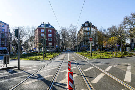 Coronavirus lockdown. Frankfurt, Germany. April 5, 2020. Schweizer Platz crosswalk with empty streets during quarantine.のeditorial素材