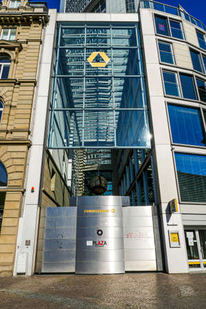 Coronavirus lockdown. Frankfurt, Germany. April 5, 2020. Barred entrance to bank in Kaiserplatz during covid-19 quarantine lockdown.のeditorial素材