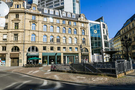 Coronavirus lockdown. Frankfurt, Germany. April 5, 2020. Kaiserplatz buildings with closed shops during covid-19 quarantine.のeditorial素材