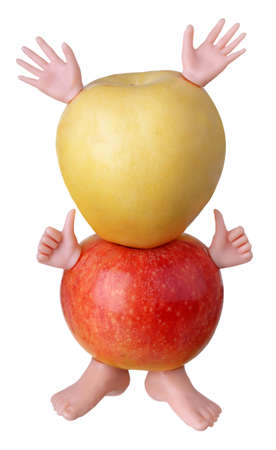 Red and yellow apples characters isolated on white backgroundの写真素材