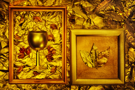 bronze metal texture with vintage frames and flowersの写真素材