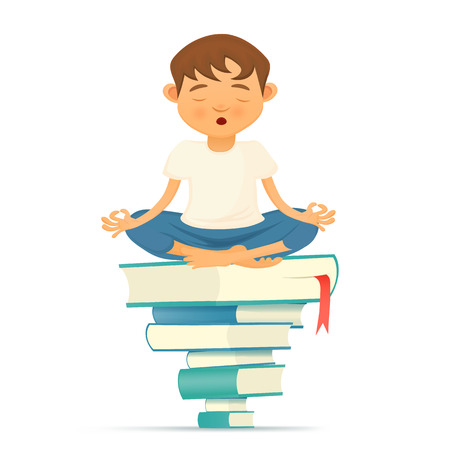 Illustration with yong yoga meditation boy siting on books. illustrationのイラスト素材