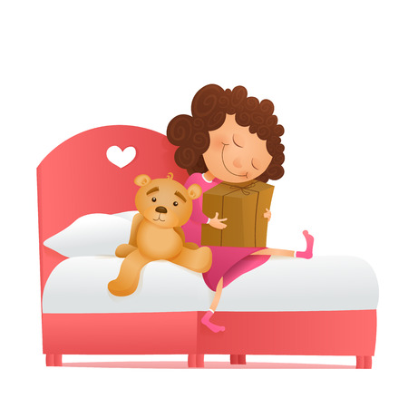 Yong girl with a gift waiting for miracle. Birthday morning. illustrationのイラスト素材