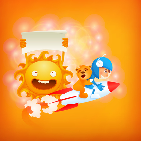 Cute astronaut flying on rocket with teddy bear near sun. Vector motivation cardのイラスト素材