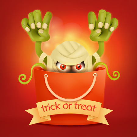 Halloween bag with scary monster inside.Trick or treat concept. Vector illustrationのイラスト素材