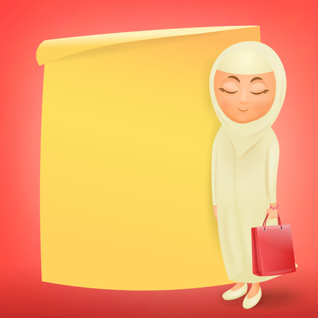 Pretty muslim young woman with sale bag. Vector illustrationのイラスト素材