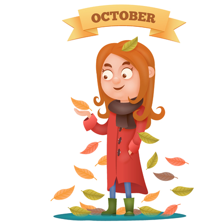 Young girl in red coat catching autumn leaves. Autumn card. Vector illustrationのイラスト素材