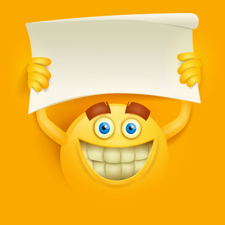Happy smiley yellow round face with paper banner in hands. Vector illustrationのイラスト素材
