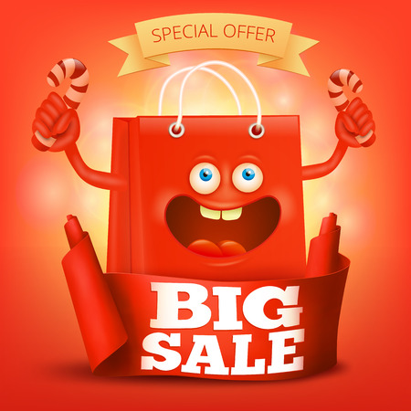 card with ribbon and character smile bag. Big sale concept. Vector illustrationのイラスト素材