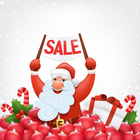 Christmas card with santa claus holding sale banner. Vector illustrationのイラスト素材
