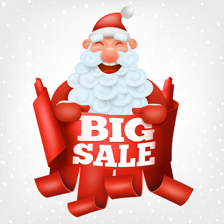 Santa claus funny character holding big sale banner. Vector Illustrationのイラスト素材
