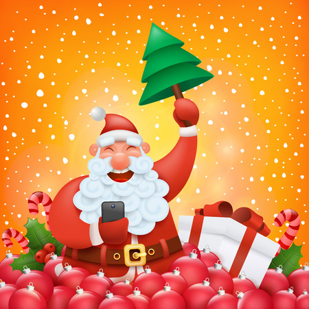 Christmas card template with funny santa claus character making photo Vector illustrationのイラスト素材