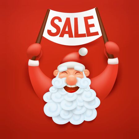 Funny santa claus character holding sale banner. Vector Illustrationのイラスト素材