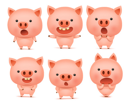 Emoji pig character icon set with different emotionsのイラスト素材