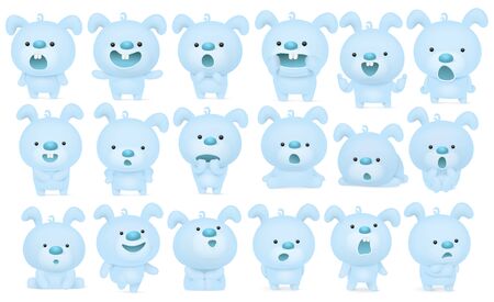 Set of blue emoji bunny characters isolated over white background. Vector iconsのイラスト素材