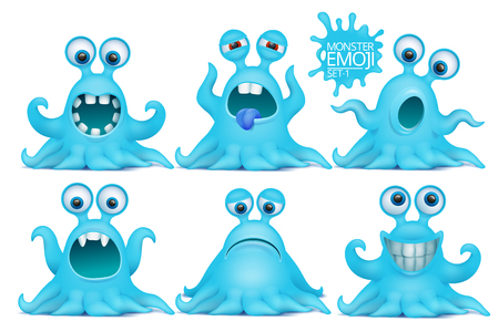 Funny octopus emoji monster character set. Vector illustrationのイラスト素材