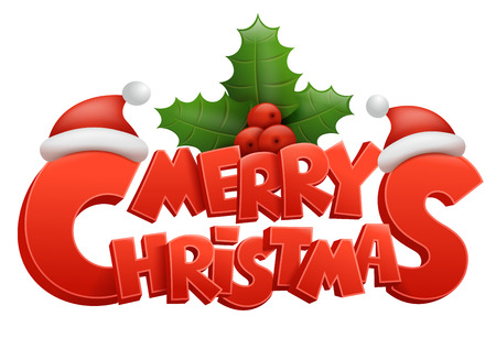 Merry Christmas vector text Calligraphic title with ilex and santa claus hatのイラスト素材