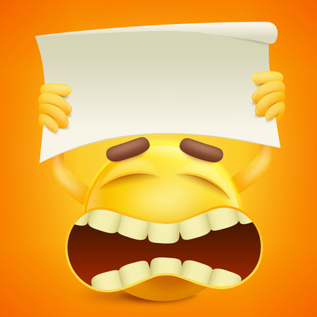 Yellow smiley cartoon character with paper banner in hands. Vector illustrationのイラスト素材
