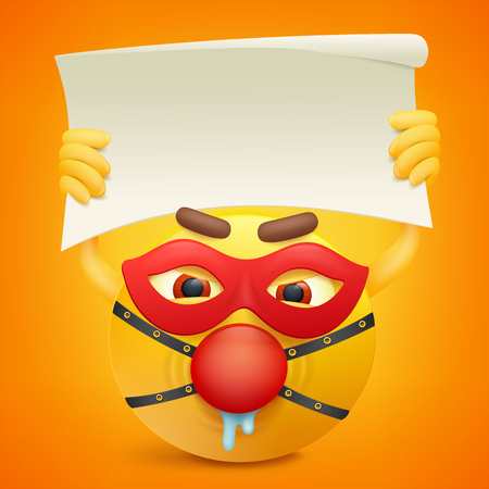 Yellow smiley cartoon character with paper banner in hands. Vector illustrationのイラスト素材