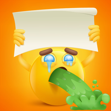 Yellow smiley cartoon character with paper banner in hands. Vector illustrationのイラスト素材