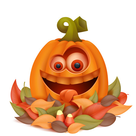 Autumn comosition with halloween cartoon pumpkin emoticon character. Vector illustrationのイラスト素材