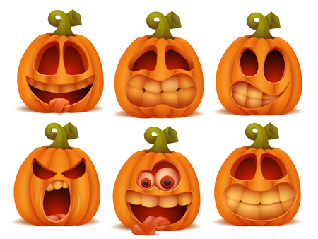 Set of cartoon pumpkin halloween characters in different emotions Vector illustrationのイラスト素材