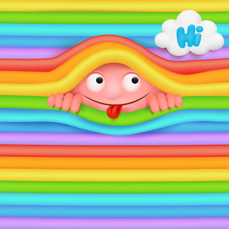 Pink funny monster character looking out from rainbow wall.のイラスト素材