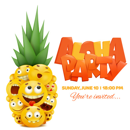 Invitation template card with yellow emoji cartoon smiley faces. Pineapple concept. Vector illustrationのイラスト素材