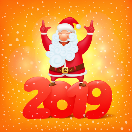 Santa Claus with the symbol of 2019 cartoon character greeting card template. Vector illustrationのイラスト素材