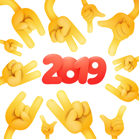2019 Happy New Year card design with yellow emoji hands Vector illustrationのイラスト素材