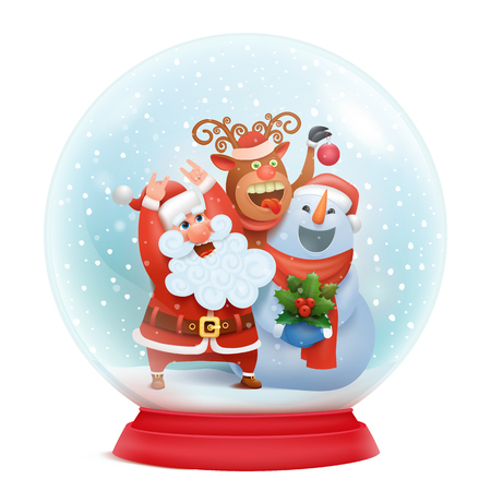 Snow globe with santa claus, snowman and reindeer. Christmas card concept. Vector illustrationのイラスト素材