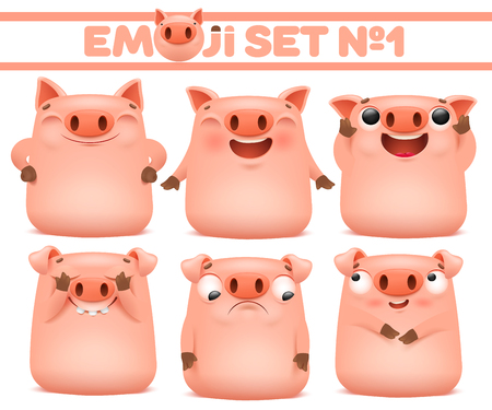 Set of cute pig cartoon emoji characters in various emotions. Vector illustrationのイラスト素材