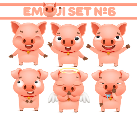 Set of cute pig cartoon emoticon characters in various emotions. Vector sticker illustrationのイラスト素材