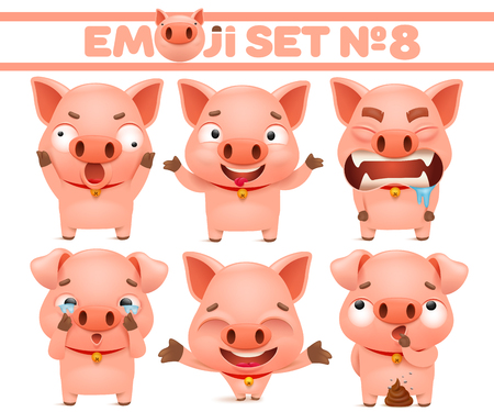 Set of cute pig cartoon emoticon characters in various emotions. Vector sticker illustrationのイラスト素材