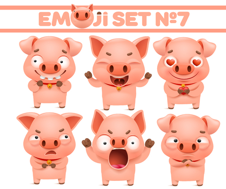 Set of cute pig cartoon emoticon characters in various emotions. Vector sticker illustrationのイラスト素材