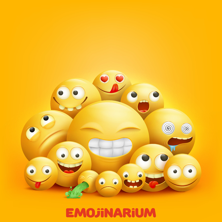 Smiley faces 3d group of emoji characters with funny facial expressions realistic vector illustrationのイラスト素材