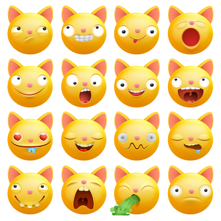 Set of vector smile yellow cat emoticons cartoon characters. Vector illustrationのイラスト素材