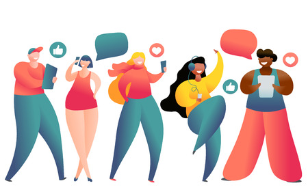 llustration of young people using laptop, tablet pc,smartphone for social networking and blogging. Vector cardのイラスト素材