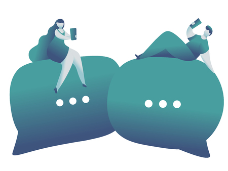 Online dating and social networking, virtual relationships .Male and female chatting on internet. Vector illustration.のイラスト素材